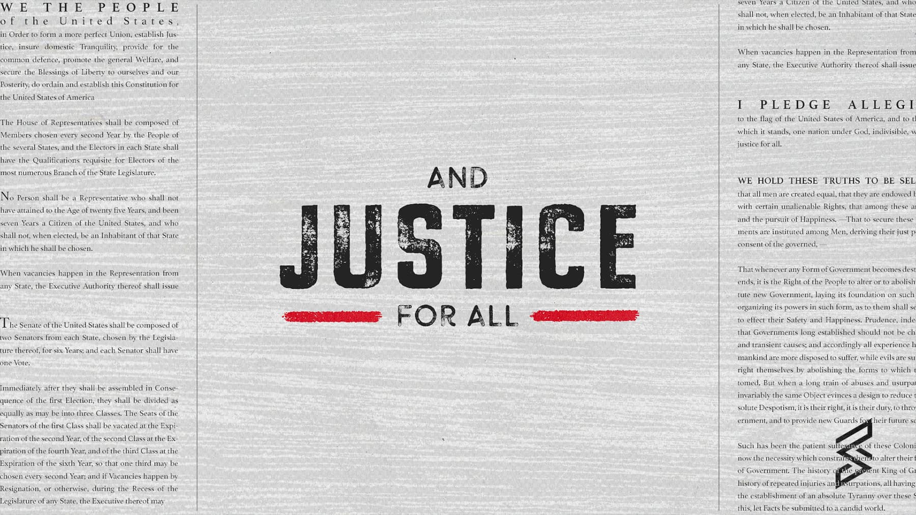 Text 'Justice for All' with historical documents background.