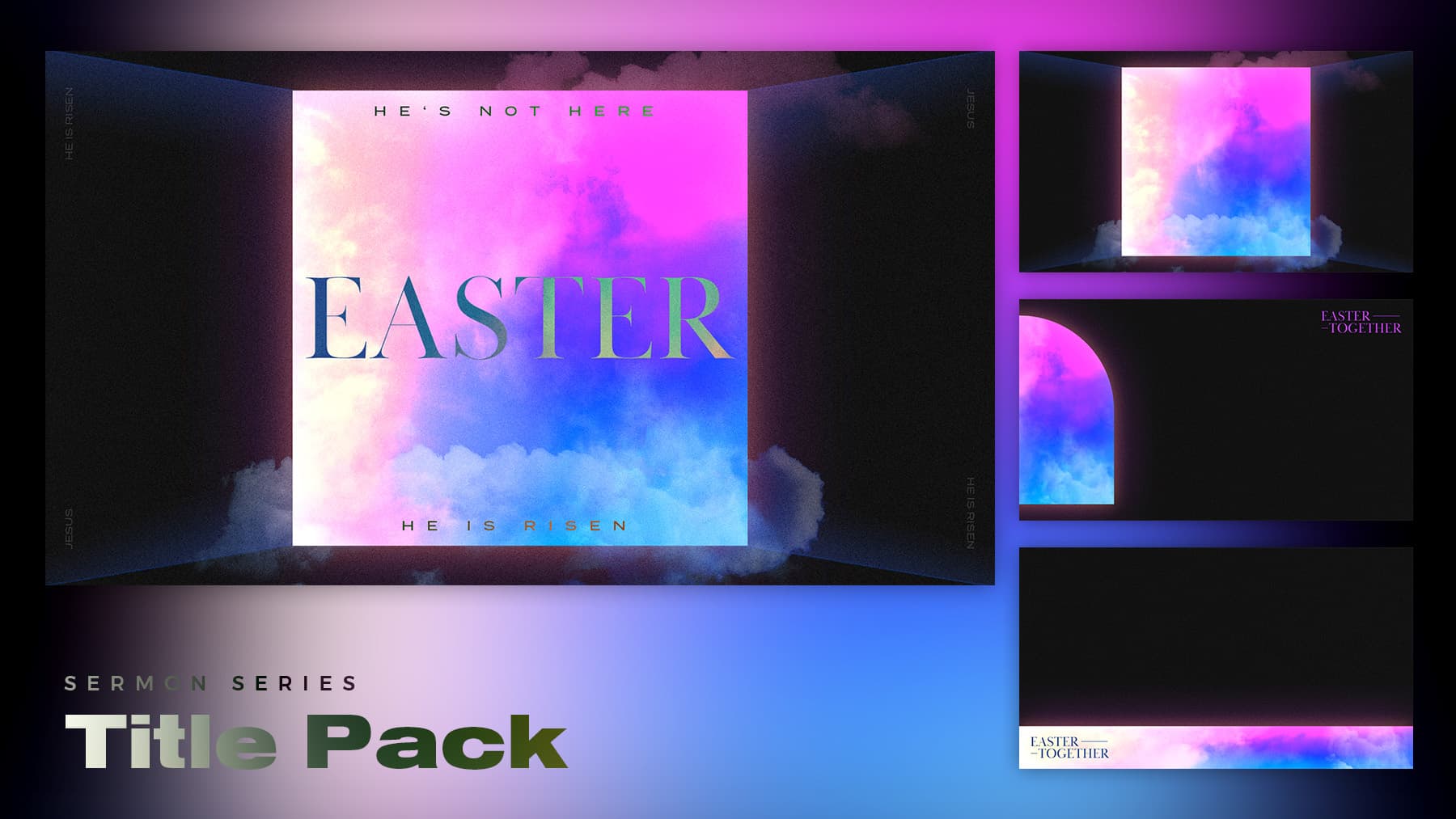 Easter title pack with colorful clouds design.