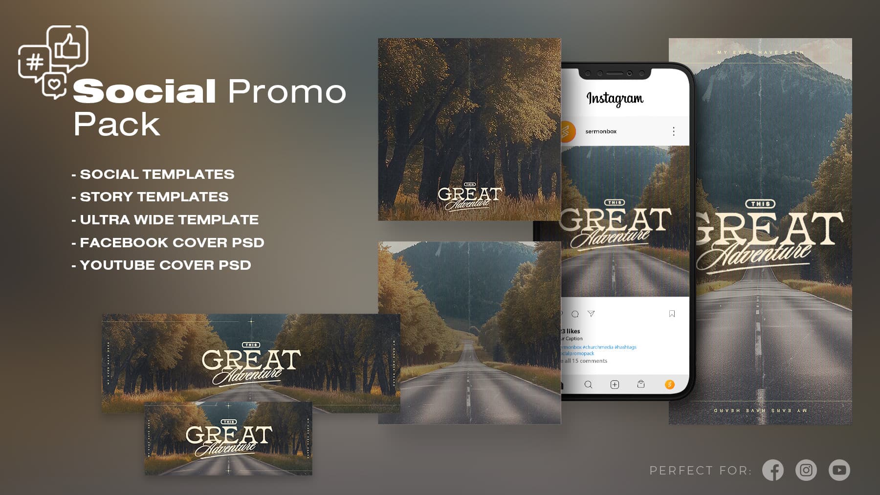Social media promotional templates for travel adventure.