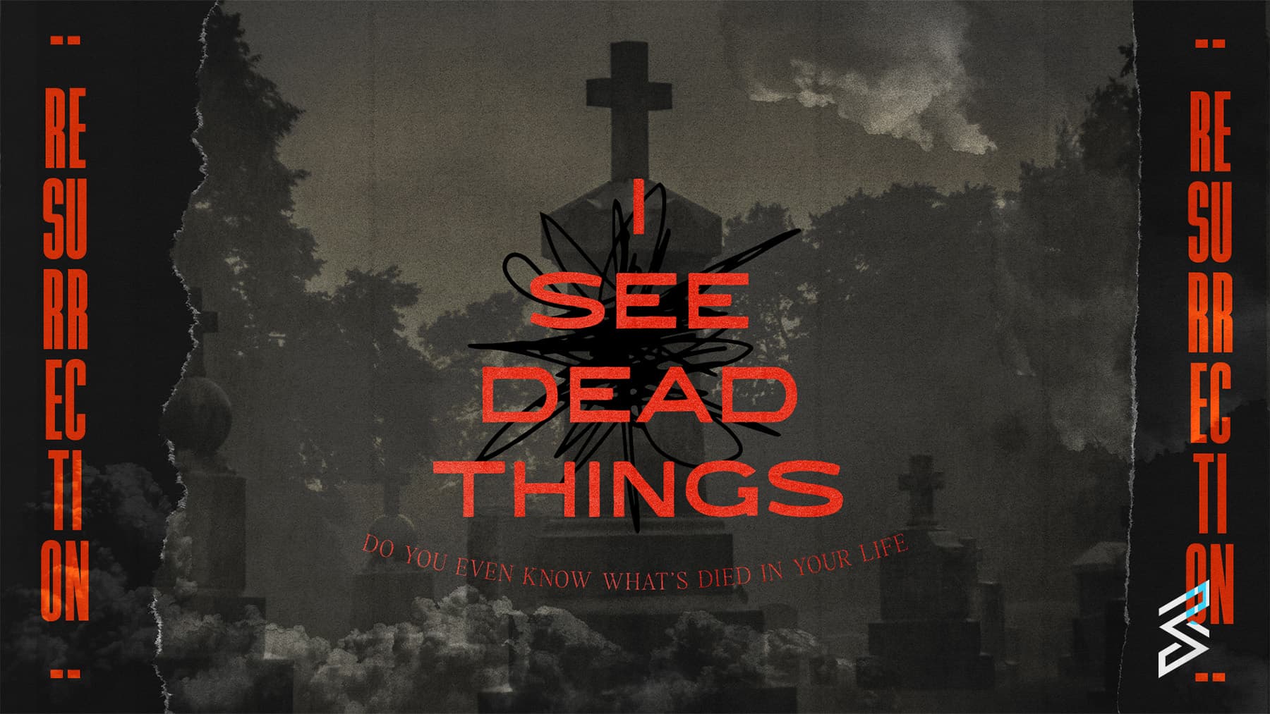 Dark graveyard scene with resurrection theme.
