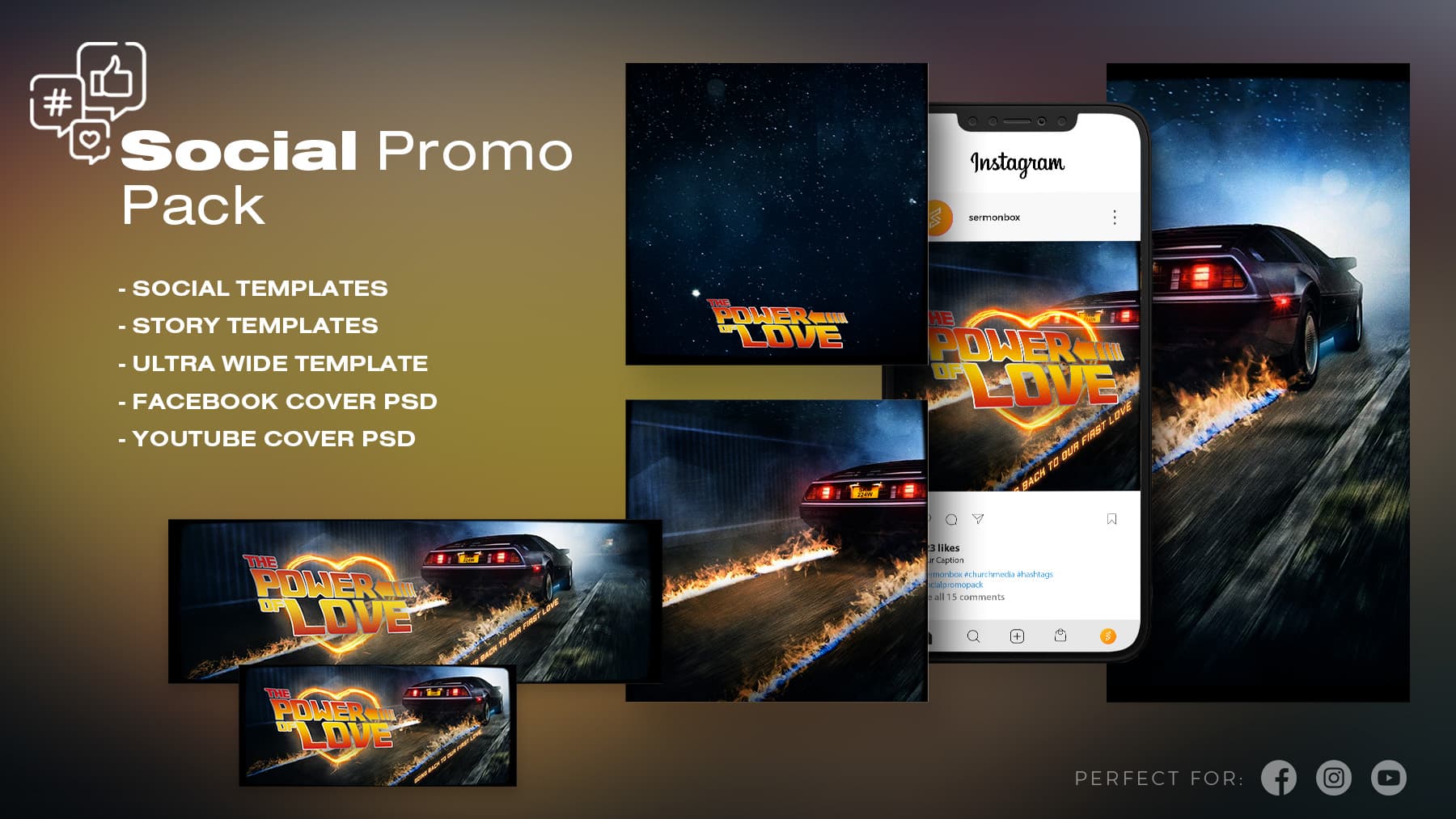 Social media promo pack with retro car theme.