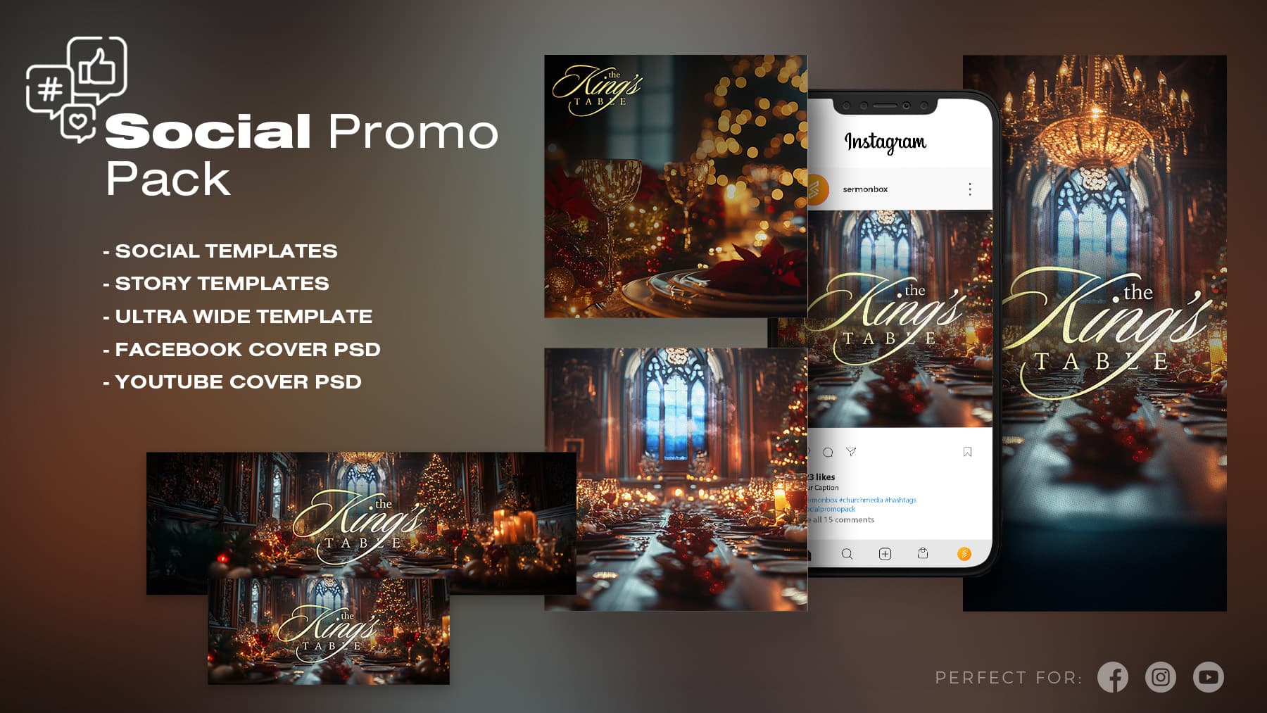 Social media promo pack with elegant dining theme.