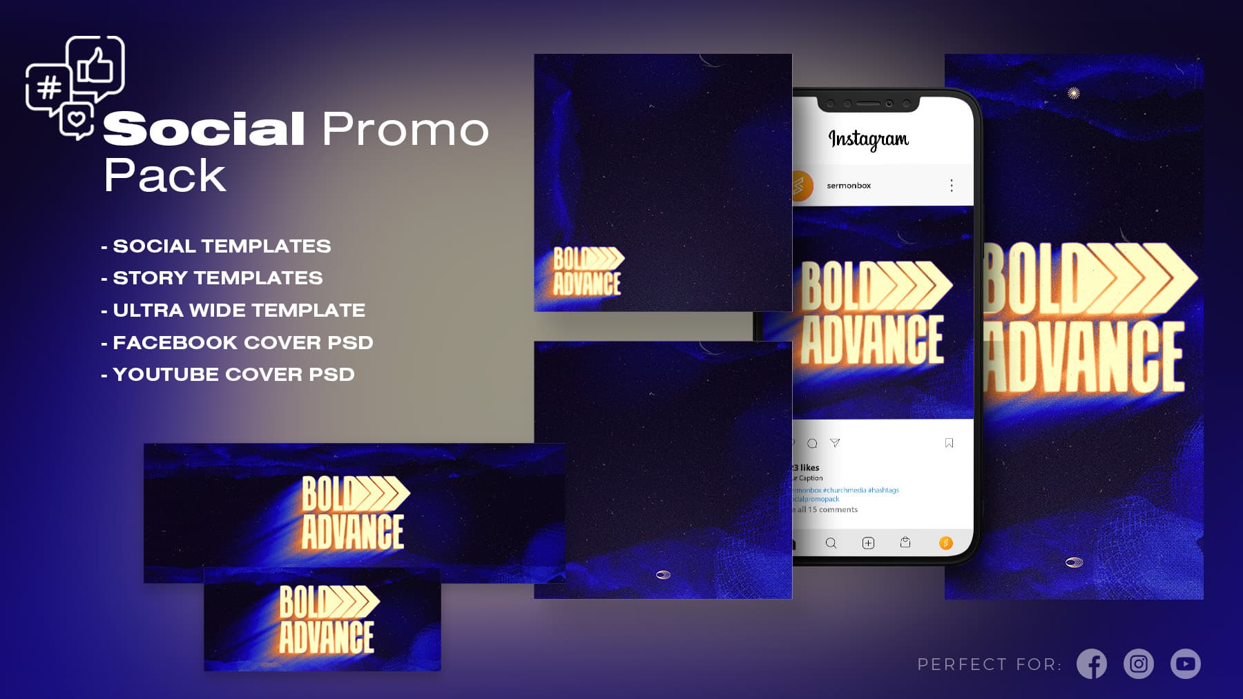 Social media promo pack with bold advance design