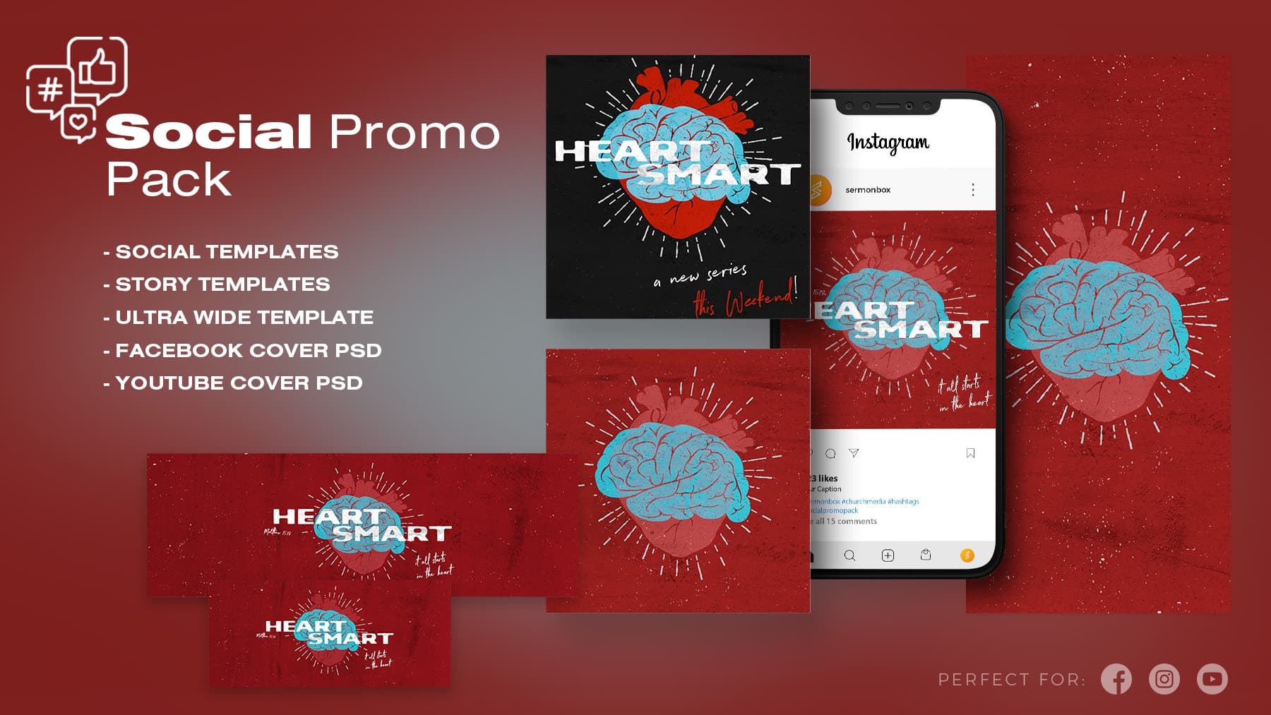 Social media promo pack with heart and brain design.