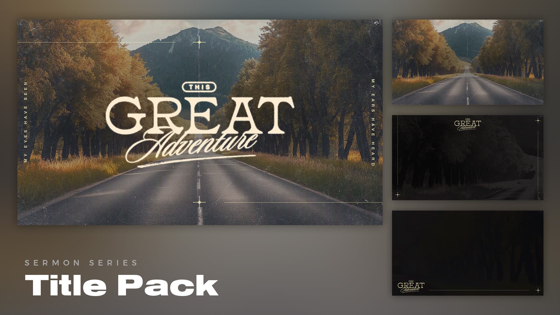 Road with trees and mountains, title pack cover.