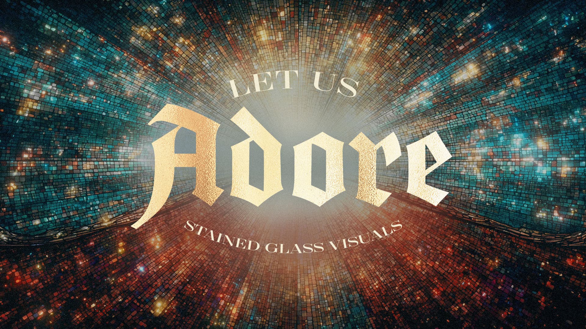Stained glass visuals with 'Adore' text