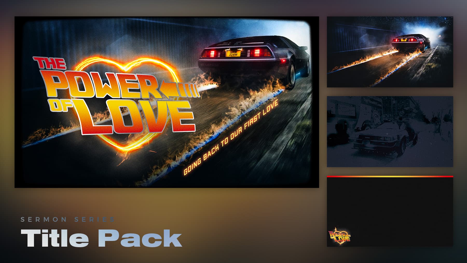 Retro car with flaming tire tracks, title pack.