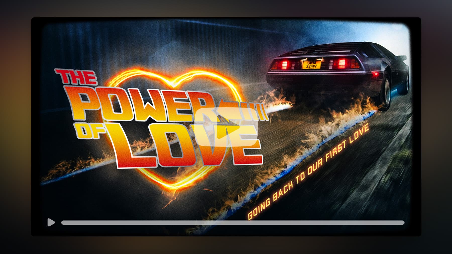 Car with fiery trail, heart outline and title.