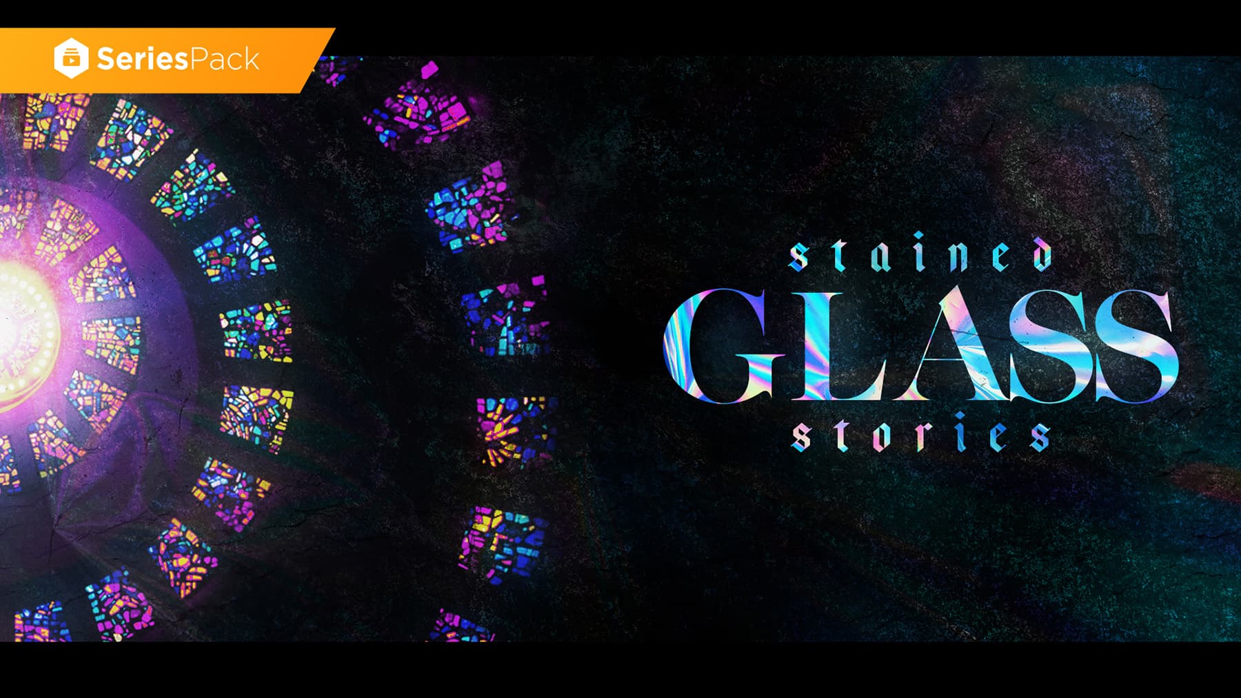 Colorful stained glass spiral illuminates dark background