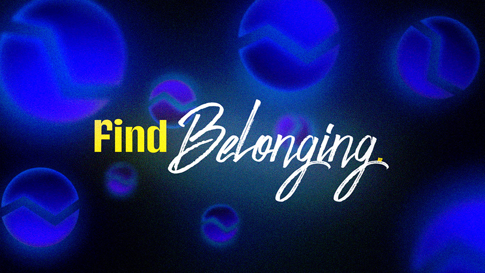 Abstract blue shapes with 'Find Belonging' text.