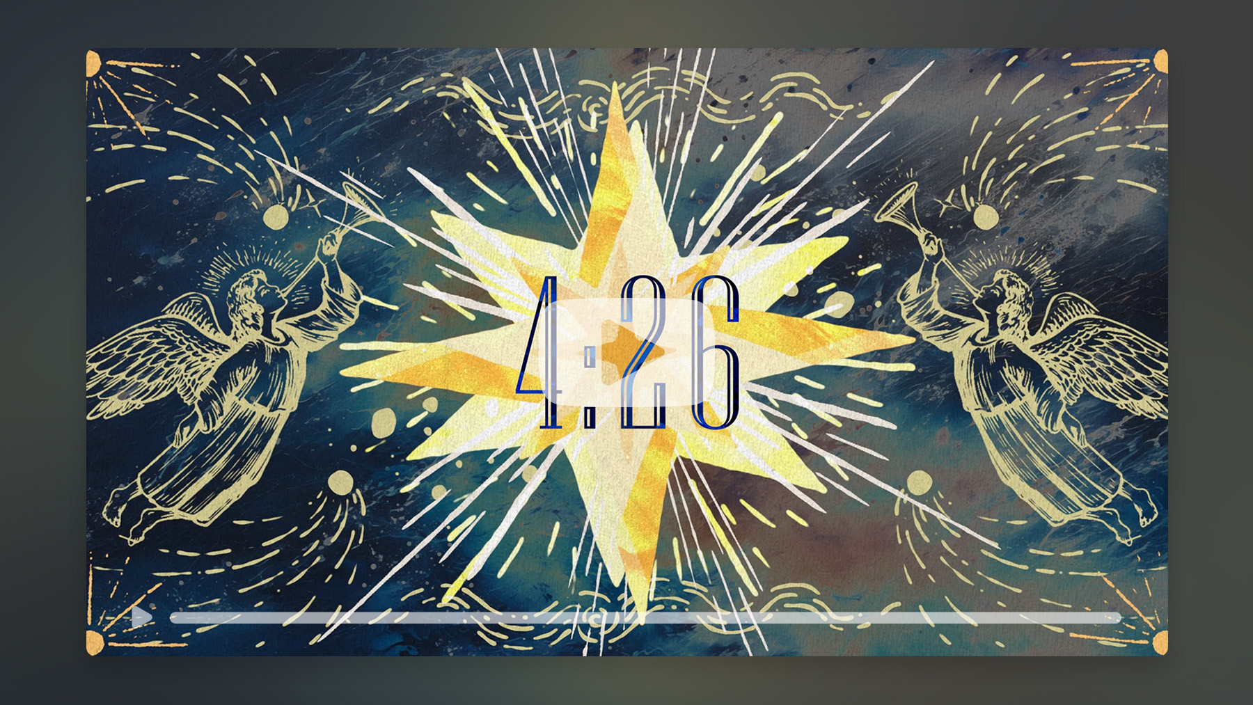 Angelic figures with golden stars and trumpet illustration.