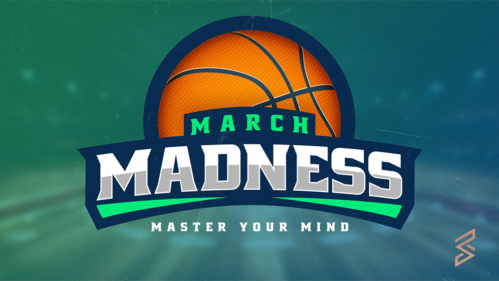 March Madness basketball logo and slogan.