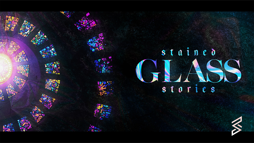 Colorful stained glass with 'Stained Glass Stories' text.